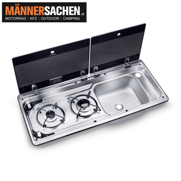 DOMETIC MO 9722R Kombination aus 2-flammigem Kochfeld und Spüle mit Glasdeckel, 760 x 325 mm